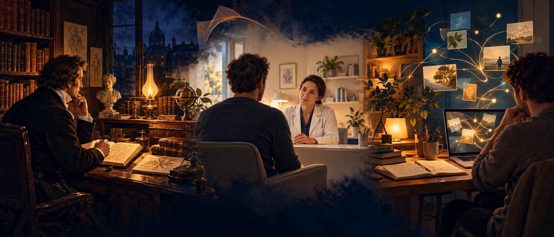 Trois scènes imaginées : un cabinet ancien éclairé à la lampe, un dialogue avec une médecin et un bureau équipé d’un ordinateur.
