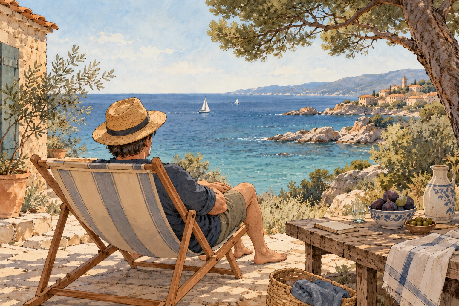 Illustration d’un homme en short face à la mer