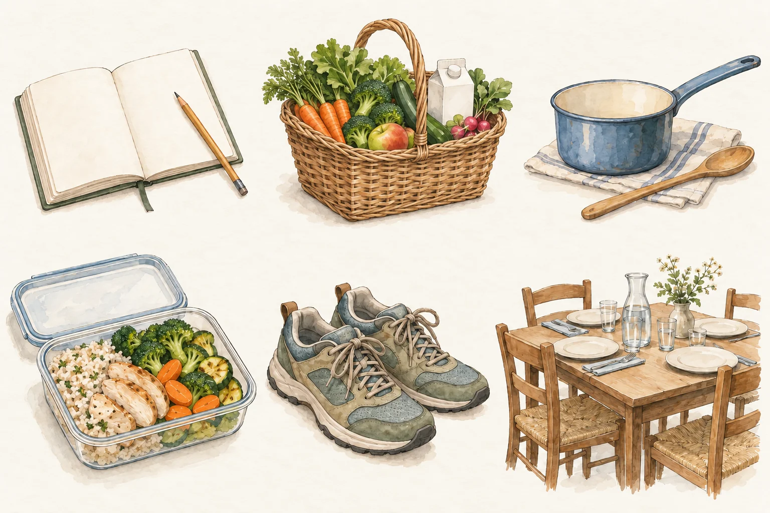 Un carnet, les courses, une casserole et un repas préparé illustrent les outils pratiques du livre